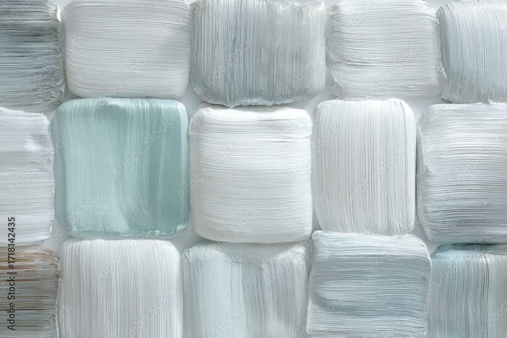 Poster a detailed close-up of abstract square shapes with textured surfaces in shades of white, light gray,