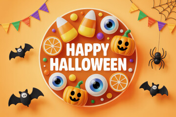 Playful vector background with Happy Halloween circle, candy corn, and pumpkins