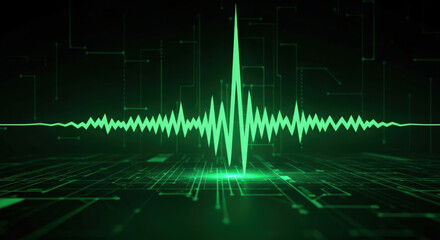 Vibrant Green Sound Wave Visualization on a Dark Circuit Board Background A Dynamic Representation of Audio Signals and Technological Communication