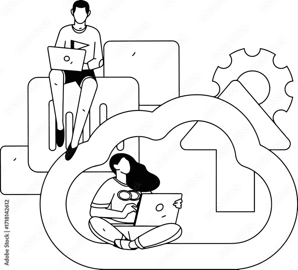 Poster dynamic duo collaborating seamlessly with laptops amidst abstract digital cloud elements and gears s