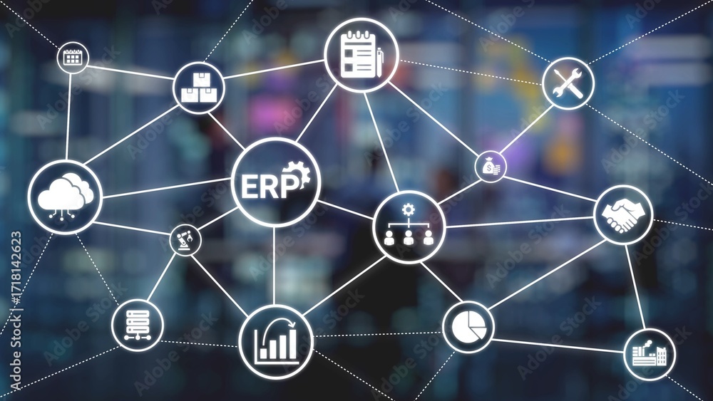 Aufkleber erp icons show management, integration, and business process. erp supports data management, erp effi