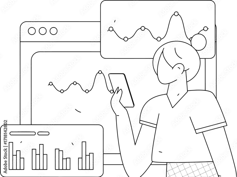 Aufkleber confident professional analyzes dynamic data charts on tablet and screens, embracing modern analytic