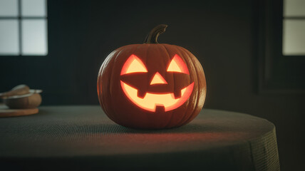 Carved pumpkin lantern with glowing face and dramatic rim lighting on black fade