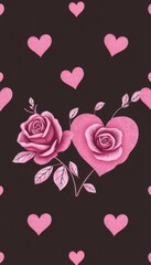 Romantic seamless pattern of pink watercolor roses and heart shapes on a dark background