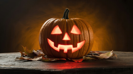 Carved jack-o’-lantern pumpkin glowing on dark textured table with rim light