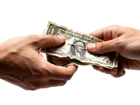 Money exchange action between two hands urban environment cash transfer concept with coin stack