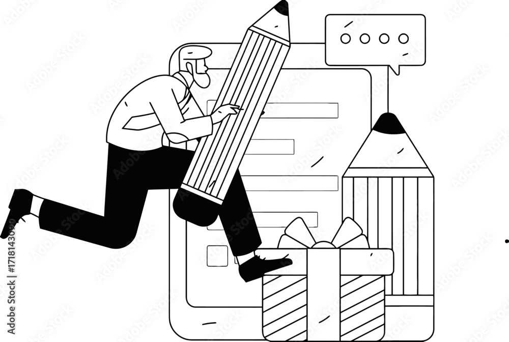 Poster dynamic businessman actively completing tasks with a giant pencil, symbolizing productivity and achi