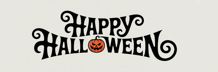 Happy Halloween gothic typography logo with sinister pumpkin face in center