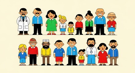 Fototapeta premium Diverse group of cartoon people in two rows, including doctor