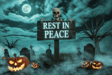 Cemetery scene under teal full moon with skeleton sign and glowing pumpkins