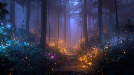 Obraz premium A foggy forest with a path lit by glowing flora, creating a mysterious and enchanting atmosphere in a natural setting