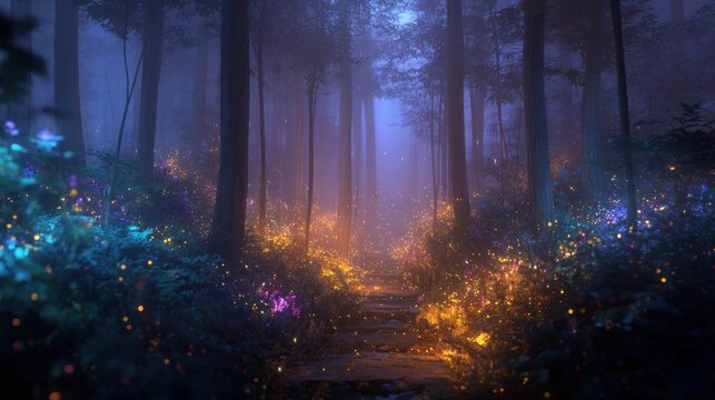A foggy forest with a path lit by glowing flora, creating a mysterious and enchanting atmosphere in a natural setting