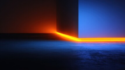 Illuminated geometric architecture with contrasting orange and blue neon light glow