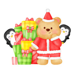 A teddy bear in a santa suit stands in front of a pile of presents