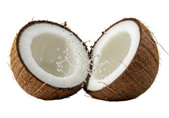 Fresh, ripe coconut dynamically cut in half exposing glistening pearly meat and pooling water, isolated on transparent background, photorealistic macro, concept of natural freshness and detail