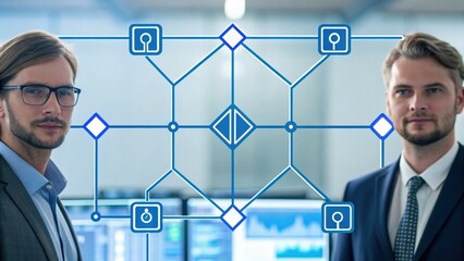 Two professionals in suits stand confidently in a tech-focused environment, with digital interface elements overlaying their image, suggesting innovation and teamwork.