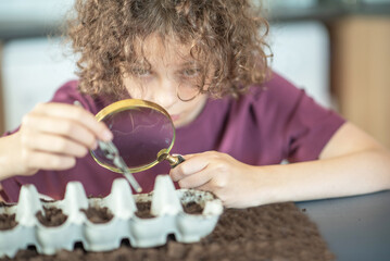 Explore growing plants. .Child with Magnifying Glass Planting Seeds. A child intently focuses on a task, using tweezers to place tiny seeds into the soil-filled compartments of an egg carton.