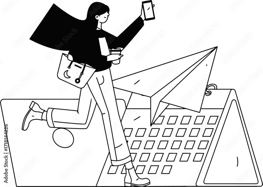Poster dynamic woman on the go juggling tasks with a coffee and phone near a paper airplane and calendar sy