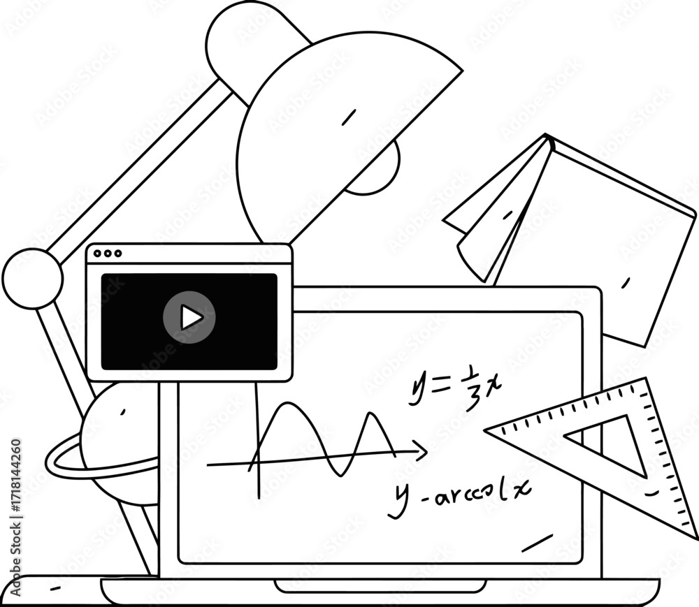 Poster modern education setup with laptop displaying math equations, a graphing calculator, and a desk lamp
