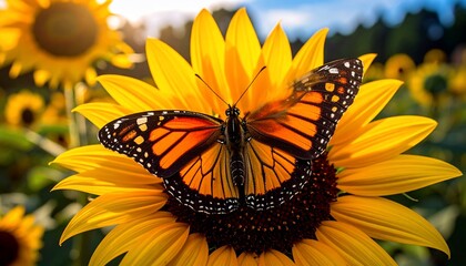 Monarch Butterfly on Sunflower in Summer Sunlight
