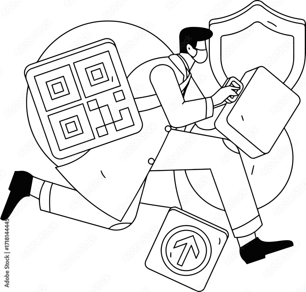 Poster dynamic businessman in motion carrying briefcase and qr code, symbolizing rapid digital transformati