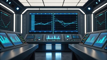 A futuristic control room with multiple screens displaying data graphs and analytics, illuminated by blue lighting.