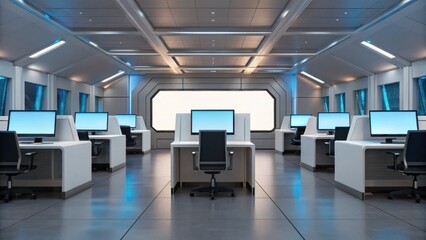A modern office space featuring multiple desks with computers, sleek design, and futuristic elements, creating a high-tech workspace atmosphere.