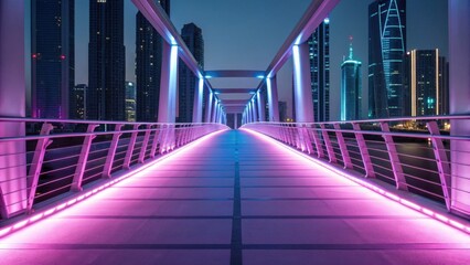 A vibrant, illuminated walkway stretches into the distance, surrounded by modern skyscrapers, creating a stunning urban night scene.