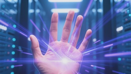 Hand reaching toward glowing digital light in server room