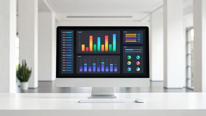 A modern workspace featuring a computer displaying colorful data visualizations on a clear desk in a bright, minimalistic environment.