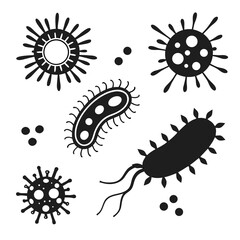 Assorted black virus and bacteria silhouettes on white