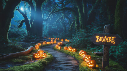 Enchanted forest path at night with glowing jack-o’-lanterns and fog