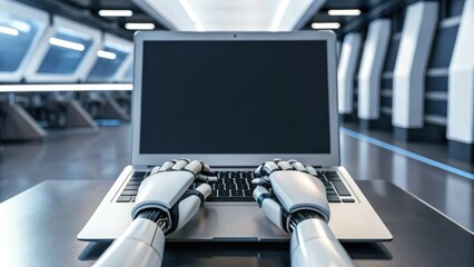 A futuristic robotic hand operates a laptop in a sleek, modern environment, highlighting advancements in technology and artificial intelligence.