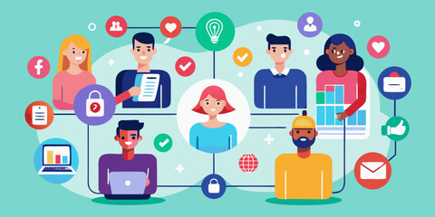 Diverse group of people connected in a network with social media and business icons