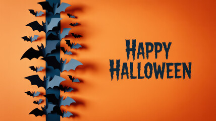 Halloween background with vivid orange paper texture and flying black bats