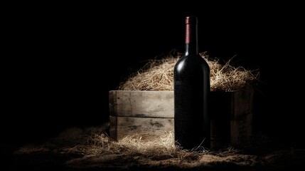 A dark red wine bottle rests in a rustic wooden crate filled with straw illuminated by dramatic spotlight lighting against a dark background