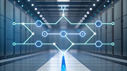 A futuristic digital network design displayed in a high-tech corridor, illustrating connectivity and technological advancement.