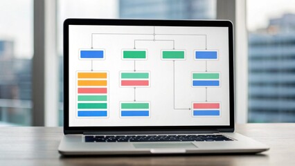 A laptop displaying a flowchart on a desk, with a blurred cityscape in the background, suggesting a professional or creative workspace.