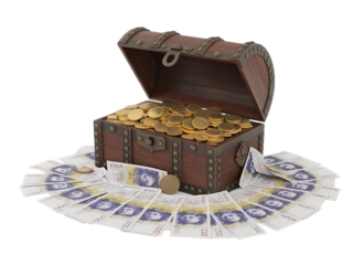 Treasure chest full of coins and money stack indoor still life rich environment close-up wealth concept
