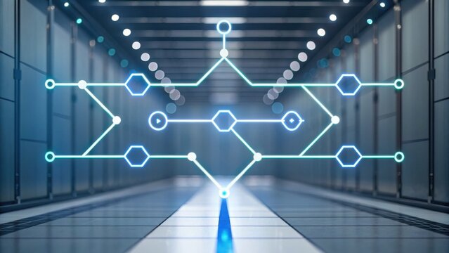 A futuristic digital network design displayed in a high-tech corridor, illustrating connectivity and technological advancement.