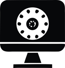 Retro technology computer monitor displaying vintage camera lens icon symbolizing nostalgia and media creation