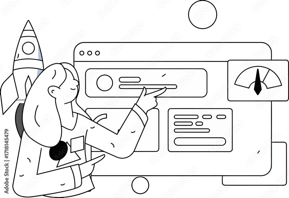 Aufkleber design woman dashboard analytics rocket performance data analysis business growth website speed seo 