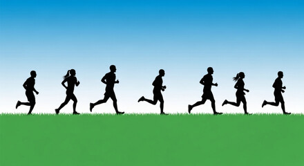 Silhouettes of people running on a green field against a blue gradient sky