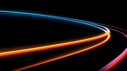 Abstract swirling light trails of blue orange and pink against a dark background
