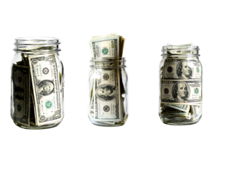 Stack of cash in glass jars money management concept financial awareness indoor setting close-up view