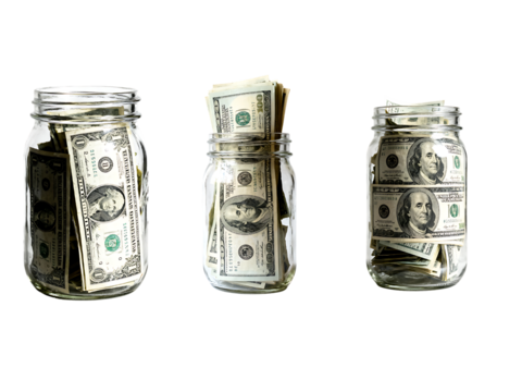 Stack of cash in glass jars money management concept financial awareness indoor setting close-up view