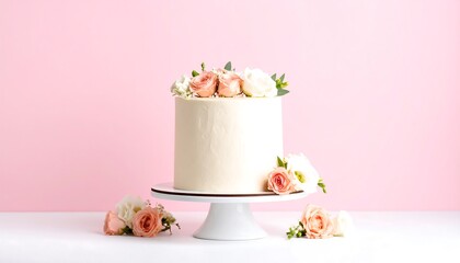 Elegant White Cake with Pink Flowers.