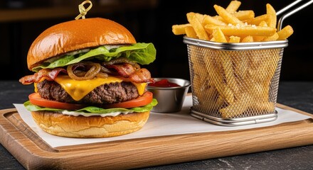 Gourmet Cheeseburger with Fries: Delicious Food Photography Composition.