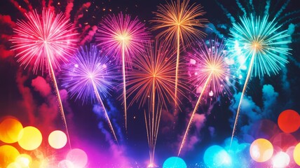 Fototapeta premium A vibrant display of fireworks in various colors lighting up the night sky, creating a festive and celebratory atmosphere.