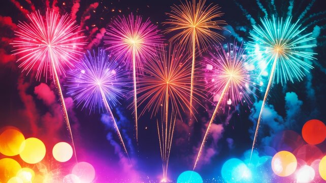 A vibrant display of fireworks in various colors lighting up the night sky, creating a festive and celebratory atmosphere.